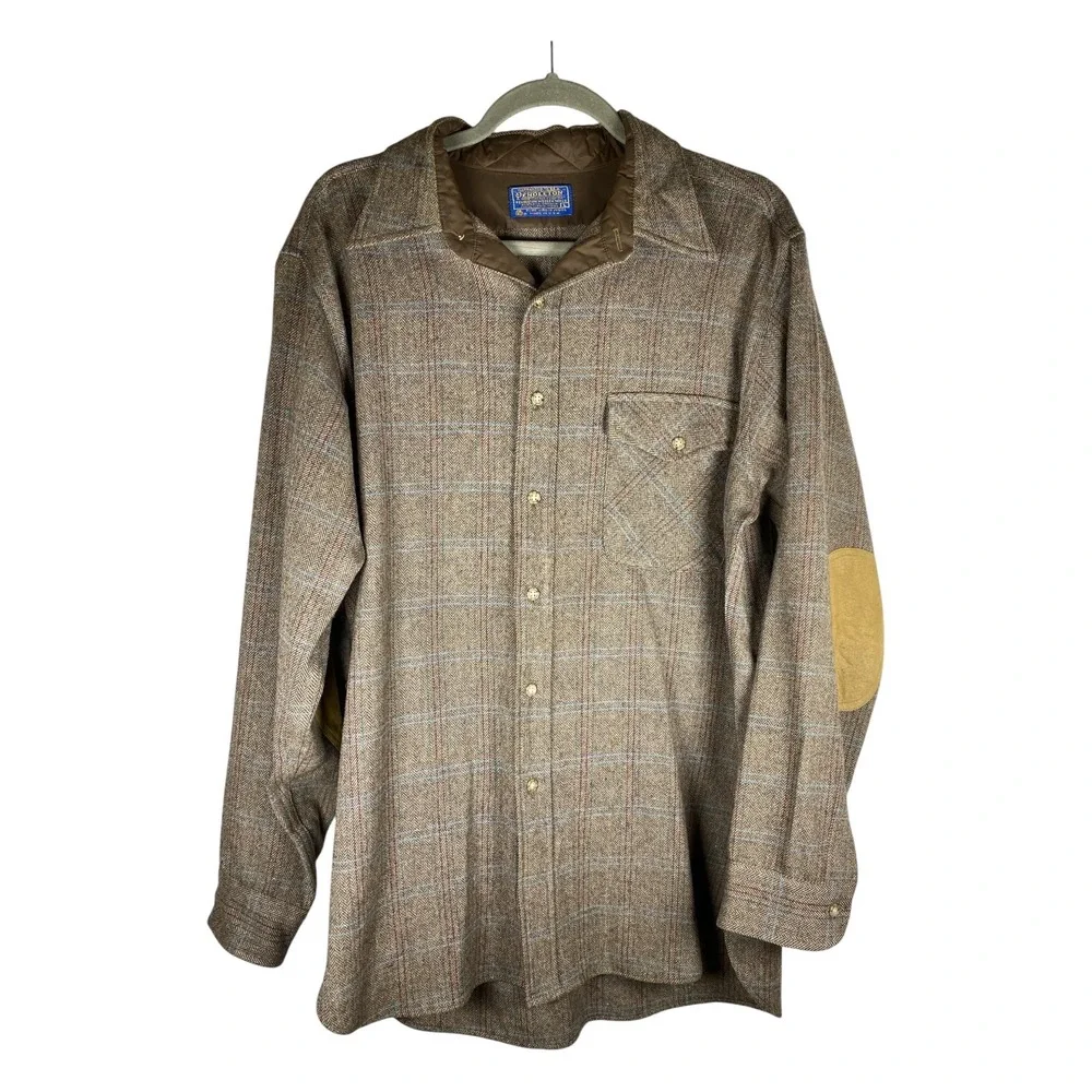 Vintage Pendleton Wool Trail Shirt Men L Brown Plaid Excellent Elbow Patches